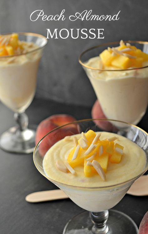 This Peach Almond Mousse makes the most of Market Fresh Fruit Almond Dessert Recipes, Almond Mousse, Swedish Cream, Almond Syrup, Peach Mousse, Fruit Mousse, Sugar Almonds, Almond Desserts, Homemade Pudding