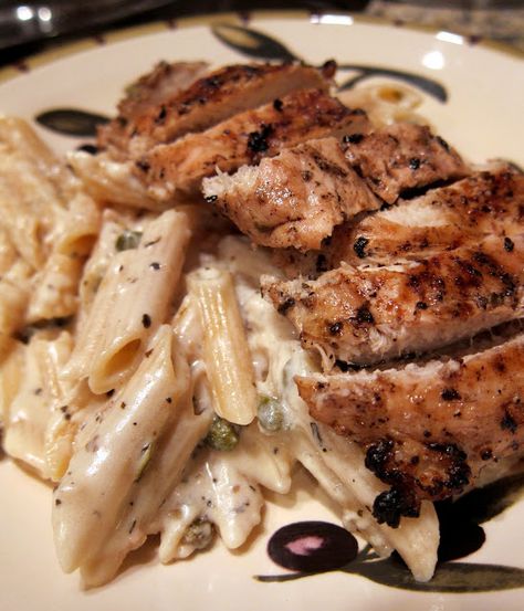 Creamy Grilled Chicken Piccata - grilled lemon herb chicken over a creamy piccata sauce. SO good! Better than any restaurant! We make this at least once a month! Grilled Chicken With Pasta Recipes, Birds Eye Garlic Chicken Pasta Copycat, Grilled Chicken And Pasta Recipes, Grilled Chicken Pasta Recipes, Grilled Chicken Dinner Ideas, Creamy Grilled Chicken, Pasta With Grilled Chicken, Grilled Chicken Dishes, Pasta Lemon