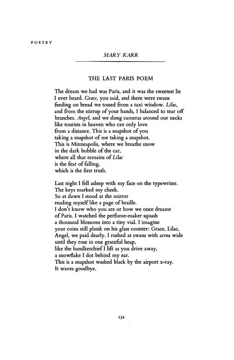 The Last Paris Poem by Mary Karr | Poetry Magazine Poems About Photography, Narrative Poetry, Mary Karr, Writing Songs Inspiration, Paris Quotes, Modern Poetry, Poetry Magazine, Poetry Foundation, Prose Poetry