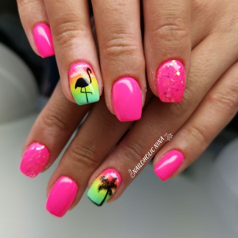 Summer Nails Palm Tree Tropical, Summer Beach Gel Nails Ideas, Neon Palm Tree Nails, Neon Cruise Nails, Easy Palm Tree Nail Design, Summer Nails With Palm Trees, Neon Pink Beach Nails, Tropical Nail Designs Bright Colors, Bright Cruise Nails