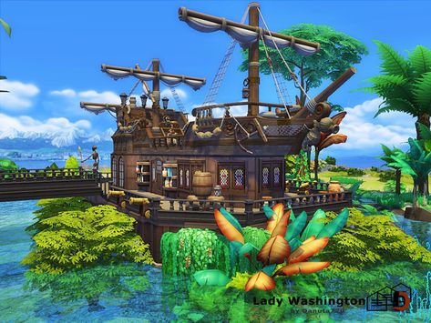 Pirate ship - fully residential. Found in TSR Category 'Sims 4 Residential Lots' Sims 4 Kindergarten, Sims4 Inspiration, Sims4 House, Sims Love, Sims Videos, Game House, Sims Medieval, Sims 4 House Plans, Sims 4 House Building