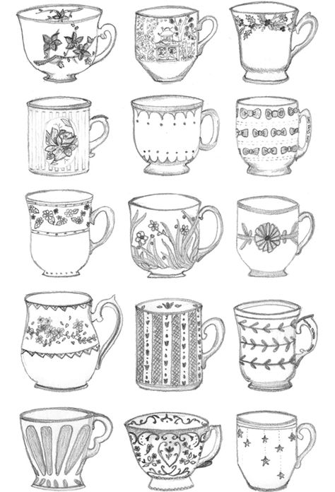 Teacups - tint embroidered versions of these? Teacup Collection, Graphic Cartoon, Etsy Embroidery, Sketch Note, Arte Doodle, Draw Illustration, صفحات التلوين, Cartoon Drawing, Cups And Saucers