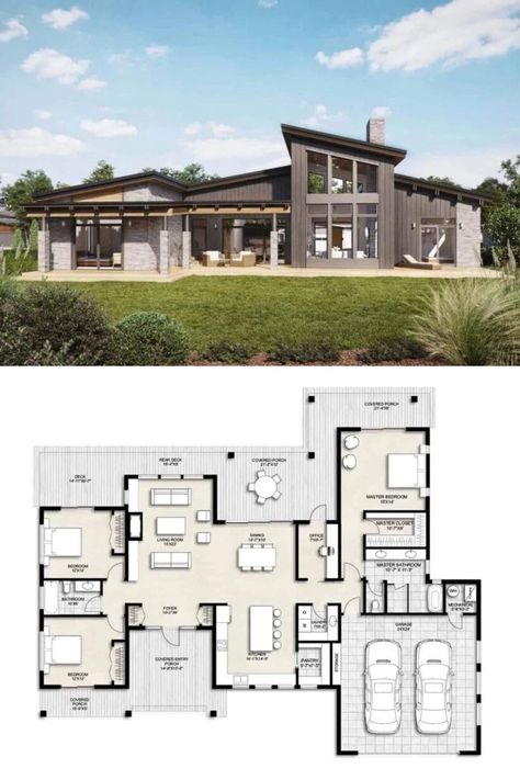 Single Story House Floor Plans, Single Storey House Plans, Mid Century Modern House Plans, Modern Contemporary House Plans, One Storey House, Modern House Floor Plans, Bungalow Floor Plans, Modern Bungalow House, Building Plans House