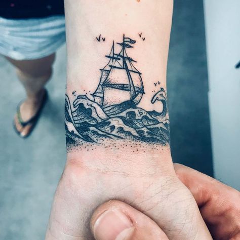 Small Pirate Ship Tattoo, Zee Tattoo, Small Beach Tattoos, Pirate Ship Tattoos, British Tattoo, Beach Tattoos, Balance Tattoo, 42 Tattoo, Boat Tattoo