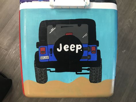 Jeep cooler Diy Cooler, Custom Cooler, Cooler Ideas, White Jeep, Frat Coolers, Cooler Painting, Beach Weekend, Cool Jeeps, Jeep Life