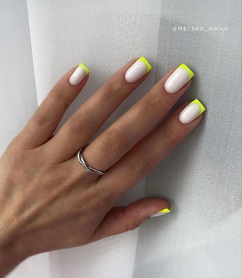 Neon French Tip Nails, Short French Tip, Short French Tip Nails, Neon Nail Designs, Short French, Simple Gel Nails, Work Nails, Her Nails, French Acrylic Nails