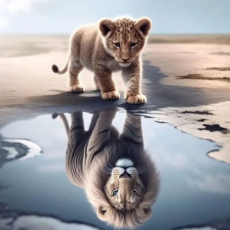 A curious baby lion cub looking into a puddle of water with a reflection of itself as an adult lion with large bushy mane, rendered in a photorealistic style with elements of fantastic realism. . . . . . . . . . . . . . . . . . #lionimages #insparing #inpirationalquotes #motivational #inspartional #motivation #postoftheday #photooftheday #aiimages ##tranding #viralreels #viral #viralvideos #instagrmreels #funny #motivationlimages #deepmeaningimages @_neeraj__2926 Lion Drinking Water Tattoo, Lion Cub Tattoo, Puddle Of Water, Baby Lion Cubs, Night Wolf, Cubs Tattoo, Lion Photography, Water Tattoo, Lions Photos