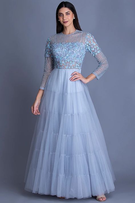 Latest Gown Designs Party Wear, Long Gown Dress Party Wear, Net Gown Designs, Latest Gown Designs, Net Dress Design, Party Wear Long Gowns, Gown Dress Party Wear, Layered Gown, Dress Party Wear