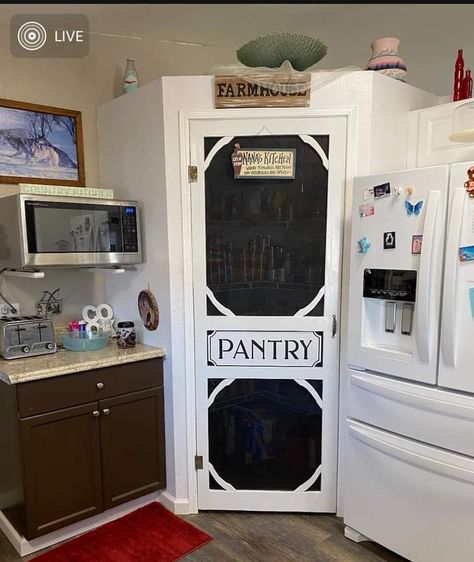 Screen Door Pantry Farmhouse, Pantry Screen Door Ideas, Screen Doors For Pantry, Mobile Home Pantry Ideas, Screen Door Pantry, Rustic Pantry Door, Home Projects Diy, Diy Mobile Home Remodel, Mobile Home Remodel