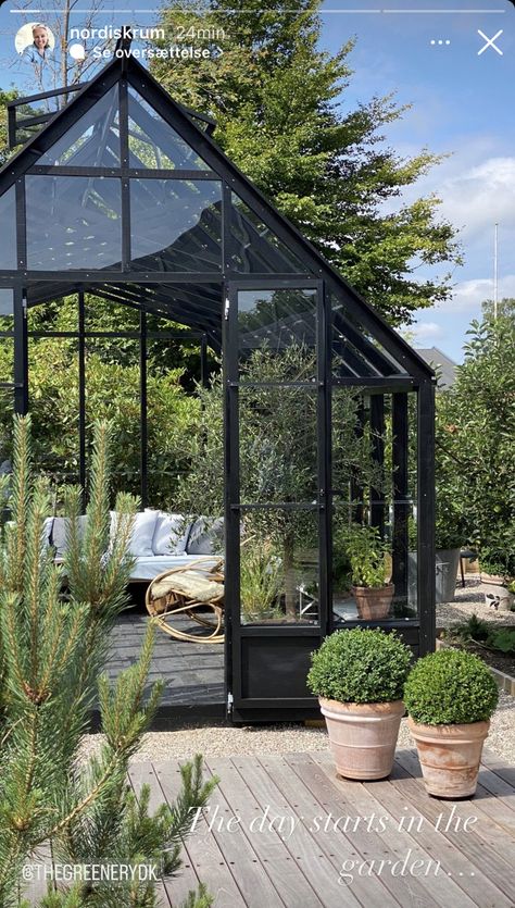 Greenhouse Sitting Area, Home Greenhouse Ideas, Greenhouse On Deck, Black Green House, Green House Ideas Interior, Modern Green House, Greenhouse She Shed, Greenhouse Black, Black Greenhouse