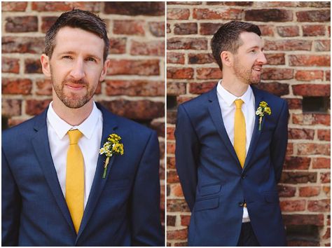 groom portrait, yellow tie blue suit Blue Yellow Weddings, Groom Blue Suit, Yellow Wedding Theme, Dark Blue Suit, Sunflower Themed Wedding, Blue Suit Wedding, Wedding Suits Groom, Yellow Tie, Blue Prom Dress