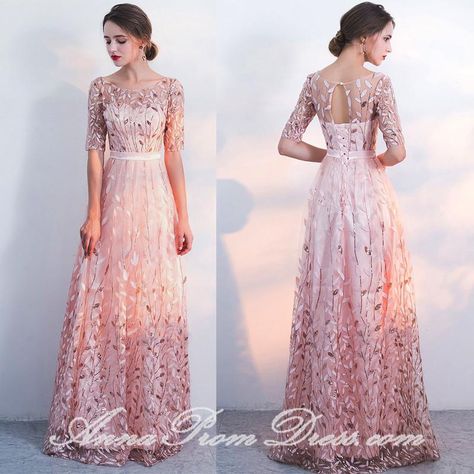 Blush Pink Prom Dress, Blush Pink Prom Dresses, Prom Dress Elegant, Dress Half Sleeve, Gold Dresses, Beading Embroidery, A Line Prom Dress, Prom Dresses Elegant, Elegant Prom