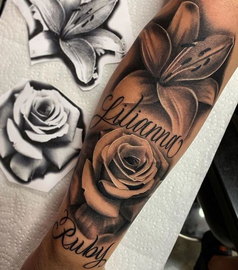 Mom Tattoos Forearm, Lower Shoulder Tattoo, Tattoo With Moms Name, R.i.p Mom Tattoos, Children Names Tattoos For Women, Multiple Name Tattoos, Flowers With Names Tattoo, Remembering Mom Tattoos, Name Tattoo With Flowers