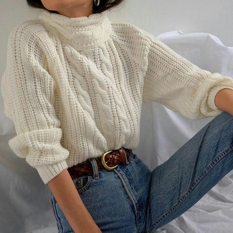 White Cable Knit Sweater Outfit, Cable Knit Sweater Outfit, Knit Sweater Outfit, White Cable Knit Sweater, Looks Pinterest, Amazing Crochet, Pullover Outfit, Sweater Outfit, Women Sweater