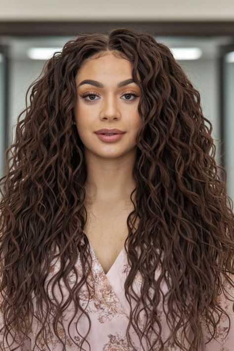 For those with tight curls or ringlets, long layers help define and separate each curl. This style enhances the natural texture of your ringlets, giving them more definition and bounce. It�s perfect for anyone who loves their curls to look polished and well-defined. Long Curly Layers, Long Layered Hairstyles, Long Layers With Bangs, Curly Layers, Skunk Hair, Curly Lob, Layered Curls, Long Shag Haircut, Layered Curly Hair