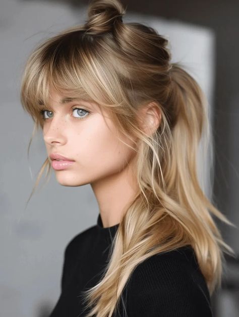 30 Charming Ponytails with Bangs: A 2024 Style Guide Long Ponytail With Bangs, Ponytail With Bangs Hairstyles, Bangs For Straight Hair, Ponytails With Bangs, Stylish Bangs, Messy Ponytail Hairstyles, Sassy Hairstyles, Growing Out Bangs, Hairstyles For Older Women