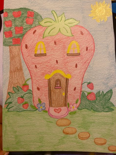 Strawberry House Drawing, Strawberry Shortcake House, Strawberry Drawing, House Drawing, Strawberry Shortcake, Art Board, Artist At Work, Traditional Art, Art Boards