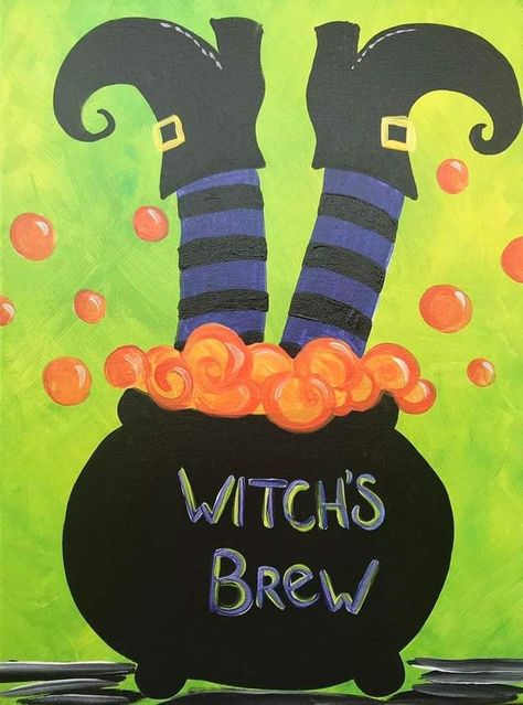 Easy Witch Painting, Witch Painting Ideas Easy, Witch Cauldron Painting, Ghost With Witch Hat Painting, Witch Silhouette Painting, Witch And Cauldron Painting, Witch Painting, Witch Legs, Witch Pictures