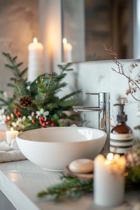 Festive Christmas Bathroom Decorating Ideas for You Christmas Decor Powder Room, Simple Christmas Bathroom, How To Decorate A Bathroom For Christmas, Powder Room Christmas Decor Ideas, Christmas Decor In Bathroom, Christmas Bathroom Decor Ideas Simple, Powder Room Christmas Decor, Bathroom Xmas Decor, Christmas Bathroom Decor Small Spaces