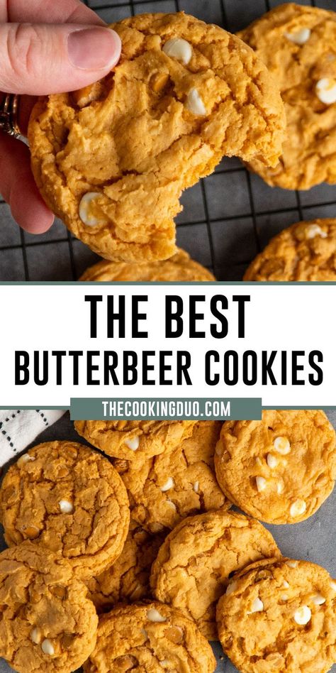 Close-up of a hand holding butterbeer cookies. Butter Beer Cookies, Butterbeer Cookies, Pudding Cake Mix, Beer Cookies, Harry Potter Butter Beer, Butter Beer, Butterscotch Cookies, Harry Potter Food, Butterscotch Chips