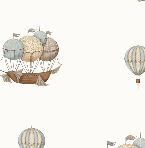 Nautical Balloons Wallpaper Repeat for Peel and Stick Wallpaper: 25 x 25Repeat for Traditional Unpasted: 24 x 24 Transform your child's room into a whimsical dreamland with our Nautical Balloons wallpaper. This enchanting design features vintage-inspired hot air balloons and fantastical airships gently floating through a serene sky. The soft pastel tones of blues, creams, and browns create a calming atmosphere, perfect for nurseries, playrooms, o Nautical Balloons, Air Balloon Wallpaper, Balloons Wallpaper, Playroom Design, Calming Atmosphere, Hot Air Balloons, Air Balloons, Vinyl Wallpaper, Kids Wallpaper