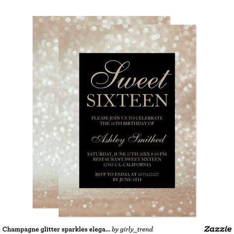 Champagne glitter sparkles elegant chic Sweet 16 Invitation Blacklight Party, Gold Chic, Gold Typography, Bar Mitzvah Invitations, Sweet Sixteen Parties, Glitter Flats, Sweet 16 Birthday Party, Sweet Sixteen Birthday, Sweet 16 Invitations