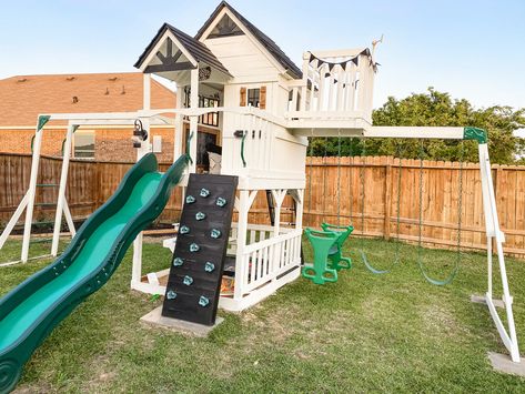 Wood Play Set Makeover, Playset Color Ideas, Diy Playground Upgrades, Play Set Makeover Wood, Under Playset Ideas, Small Playground Backyard, Wooden Playset Makeover, Farmhouse Playset, Outdoor Playset Makeover