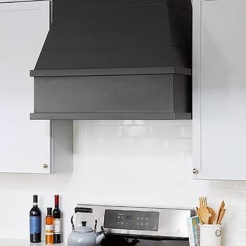 White Cabinets With Black Range Hood Design Ideas Shiplap Range Hood, 2021 Kitchen Trends, Range Hood Design, Bluestar Range, Kitchen Hood Vent, Black Range Hood, Black Shiplap, Baker Kitchen, Wooden Range Hood