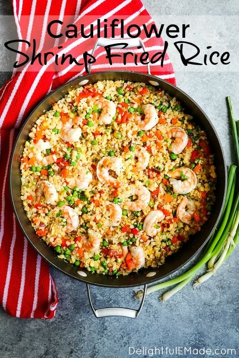 Chicken And Shrimp Cauliflower Fried Rice, Rice Cauliflower Fried Rice, Low Calorie Shrimp Fried Rice, Shrimp And Riced Cauliflower Recipes, Cauliflower Fried Rice With Shrimp, Keto Shrimp Fried Rice, Fried Rice With Cauliflower, Healthy Shrimp Fried Rice, Cauliflower Shrimp Fried Rice