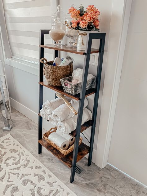 Bathroom Decor Ladder Shelf, Bathroom Ladder Shelf Decor, Bathroom Standing Shelf, Bathroom Bookshelf, Towel Shelf Bathroom, Gracefully Glam, Ladder Shelf Bathroom, Bathroom Ladder Shelf, Ladder Shelf Decor