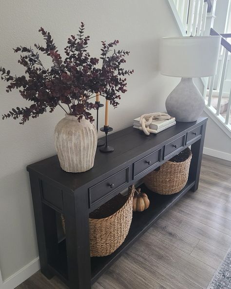 Entryway, fall decor, console table, fall home decor, home, home decor, Wayfair, furniture Hall Table Styling Modern, Gray Entryway Table Decor, Entryway Farmhouse Table, Entry Way Table With Storage, Dark Wood Entry Table Decor, Consoles Tables Entryway, Baskets For Console Table, Unique Entryway Table, Entryway Table Decor No Mirror