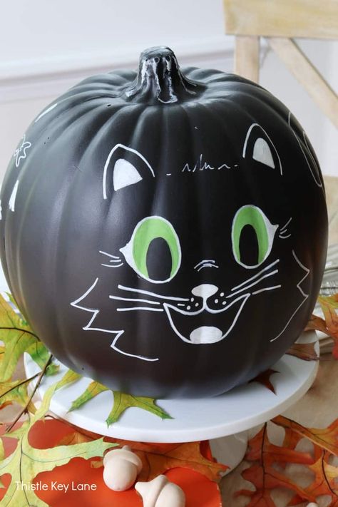 How To Make A Black Cat Pumpkin - Thistle Key Lane Kid Friendly Halloween Decorations, Halloween Pumpkin Crafts, Black Cat Pumpkin, Black Cat Painting, Pumpkin Drawing, Kid Friendly Halloween, Halloween Pumpkin Designs, Pumpkin Carving Templates, Halloween Centerpiece