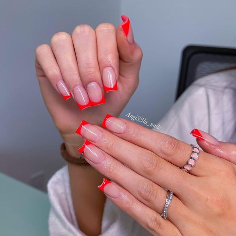 Neon Red French Tip Nails, Bright Red French Tip Nails, Neon French Nails, Tip Nail Ideas, French Tip Nail Ideas, Short French Tip, Short French Nails, Short French Tip Nails, French Acrylics