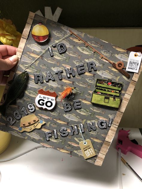 Rather be fishing graduation cap Hunting Graduation Cap, Fishing Graduation Cap Ideas, High School Graduation Cap Designs For Guys, Western Graduation Cap, Graduation Cap High School, Graduation Leis Diy Ribbons, Graduate 2023, Graduation Things, Grad Hats