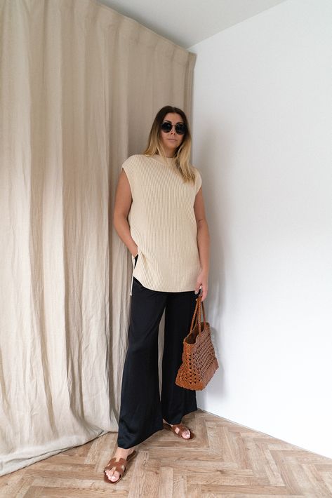 Cream Sleeveless Sweater Outfit, Sleeveless Jumper Outfit, Dragon Diffusion Bag Outfit, Tan Sandals Outfit, Silk Trousers Outfit, Sumner Outfits, Leather Sandals Outfit, Sleeveless Sweater Outfit, Spring Trousers