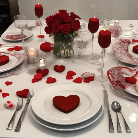 Craft a romantic ambiance this Valentine's Day with our Pinterest tablescape. Red candles flicker, wine glasses stand ready—simple yet elegant. Let love illuminate the night! 💕🕯️🍷 #ValentinesDay #TableForTwo" Glasses Stand, Romantic Ambiance, Valentines Inspiration, Valentines Day Dinner, Flickering Candles, Red Candles, Love Is In The Air, A Romantic, Wine Glasses