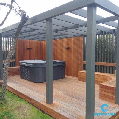 INSTALLATION IDEAS Spa Pool | Sapphire Spas Hot Tub And Bbq Area, Spa Pergola Ideas, Sauna And Hot Tub Outdoor, Outdoor Spa Area Ideas, Hot Tub Enclosure Ideas, Spa Gazebo, Inground Spa, Hot Tub Shelters, Round Spa