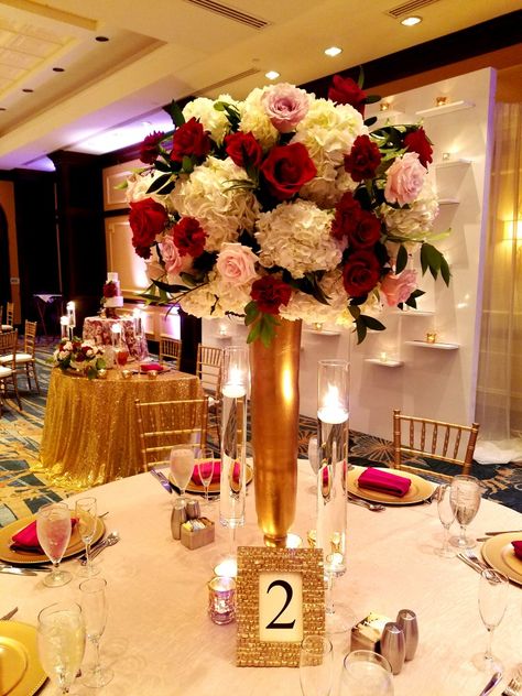 Burgundy, blush and gold reception.  www.rkdweddings.com Burgundy And Dusty Rose Wedding Decor, Burgundy Blush Ivory Gold Wedding, Burgundy Cream And Gold Wedding Decor, Burgundy Blush Centerpiece, Burgundy Blush And Gold Wedding Reception, Burgundy And Blush Wedding Centerpieces, Burgundy And Pink Flower Centerpieces, Burgundy Blush And Gold Wedding, Easy Centerpieces