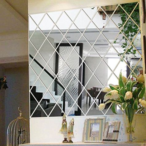 Mirror Sticker Wall Decor, Mirror Stickers Ideas, Rhombus Tile, 3d Mirror Wall Stickers, Mirror Decor Living Room, 3d Wall Stickers, 3d Wall Decals, Oversized Wall Mirrors, Living Room Door