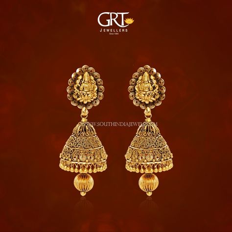 Gold antique finish jhumka from GRT jewellers. For more stunning collections, visit our complee catalogue. Zumka Design Gold, Zumka Design, Grt Jewellers, Earrings Pictures, Gold Haram, Gold Jhumka, Body Decor, Wedding Jewellery Collection, Gold Fashion Necklace