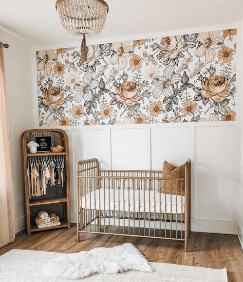 Madelyn Peel and Stick Wallpaper Isn’t She Lovely Nursery, Simple Vintage Nursery, Moody Girls Nursery, Wainscoting Nursery Girl, Half Wall Nursery, Rustic Nursery Girl, Twin Girl Nursery Ideas, Simple Boho Nursery, Farmhouse Nursery Girl