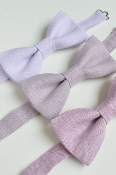 Purple Ties, Iris Wedding, Wedding Lavender, Lavender Linen, Match Design, Purple Bow Tie, Groomsmen Outfits, Pale Lavender, Linen Men