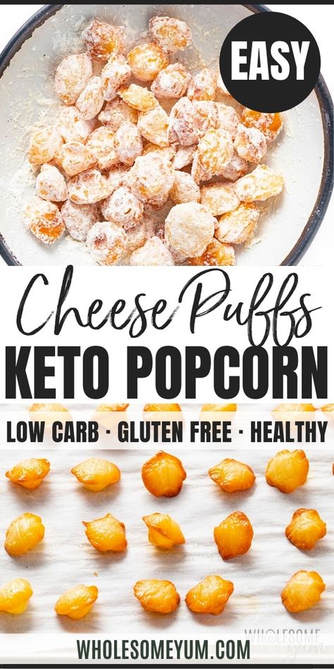 Keto Popcorn (Cheese Puffs Recipe) - Is popcorn keto? Learn why not, and how to make this keto popcorn recipe instead. You'll be surprised how well these keto cheese puffs (a.k.a. puffed cheese) replace the carbs in popcorn on a keto diet. #wholesomeyum Keto Popcorn, Popcorn Cheese, Cheese Puffs Recipe, Cheese Popcorn, Wholesome Yum, Popcorn Recipe, Puff Recipe, Cheese Puffs, Keto Cheese