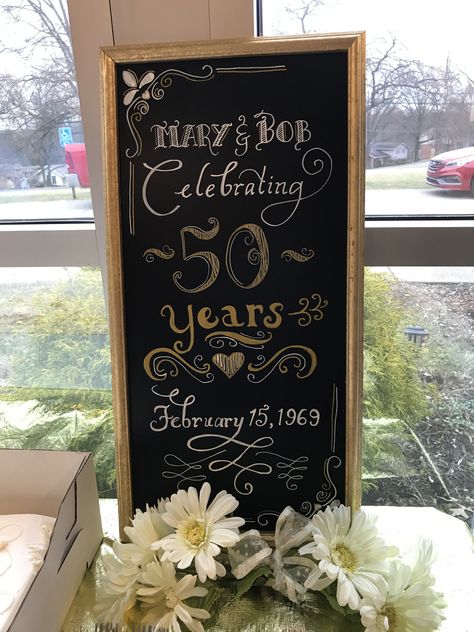 Chalkboard lettering. 50th Anniversary. 50th Anniversary Signs, Happy Anniversary Chalkboard Art, 50th Anniversary Chalkboard Signs, 50th Anniversary Sign Ideas, 50th Anniversary Party Decorations, Anniversary Chalkboard, Anniversary Reception, Chalkboard Inspiration, 50th Wedding Anniversary Decorations