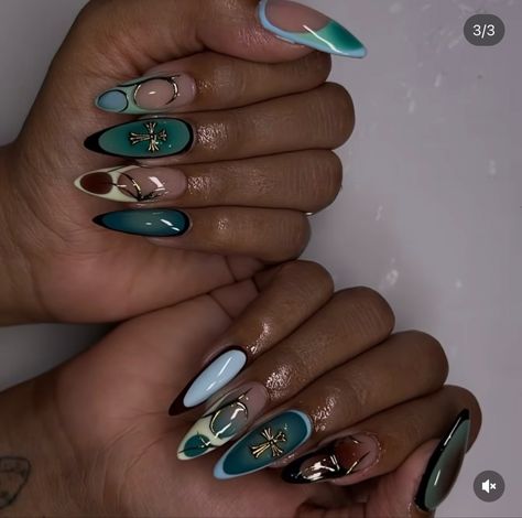 Earthy Aura Nails, Pearlescent Nail Designs, Asymmetrical Nail Design, Red Hair Nails, Jhene Aiko Nails, Cool Tone Nails, Crazy Nail Designs Creative, Almond Nail Inspo 2024, Dark Green Acrylic Nails Designs