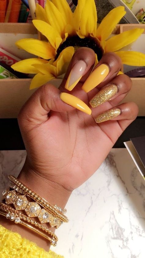 Pinterest: @jalapeño Yellow Nail Art, Yellow Nails Design, Summer Manicure, Fall Acrylic Nails, Acrylic Nails Coffin, Yellow Nails, Pedicures, Coffin Nails Designs, Dope Nails