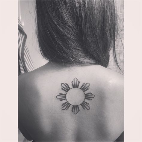 Filipino sun tattoo on back #filipinosun #pinoypride #filipinotattoo Philipino Sun Tattoo, Filipino Sun Drawing, Filipino Sun Back Tattoo, Philippine Sun Tattoo Design, Half Filipino Sun Tattoo, Filipino Sun Tattoo Design, Filipino Back Tattoo, Filipino Sun Tattoo Women, Philippines Tattoo Woman