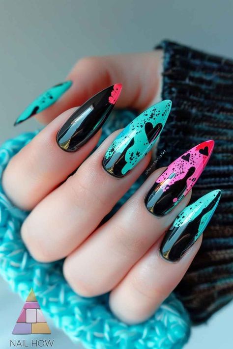 Pink Blue And Black Nails, Splatter Nail Designs, Stiletto Nail Inspo Summer, Mystical Nails, Nail Designs Trends, Splatter Nails, Silk Wrap Nails, Sassy Nails, Punk Nails