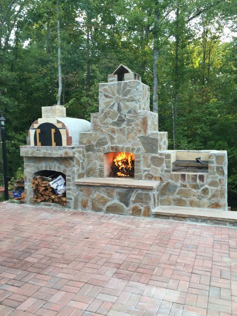 Homeowner built fireplace, pizza oven, and grill using a custom designed DIY construction plan from Backyard Flare.  www.backyardflare.com Outdoor Brick Pizza Oven And Grill, Pizza Oven Bbq Outdoor, Outdoor Fireplace Pizza Oven Combo, Outdoor Fireplace And Pizza Oven, Backyard Patio On A Budget, Yard Fireplace, Diy Firepits, Fireplace Pizza Oven, Built Fireplace