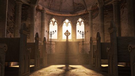 Abandoned Desert Chapel Fantasy Chapel Interior Art, Chapel Fantasy Art, Fantasy Chapel, Chapel Aesthetic, Hunt Aesthetic, Abandoned Desert, Abandoned Church, Forgotten Realms, Church Interior